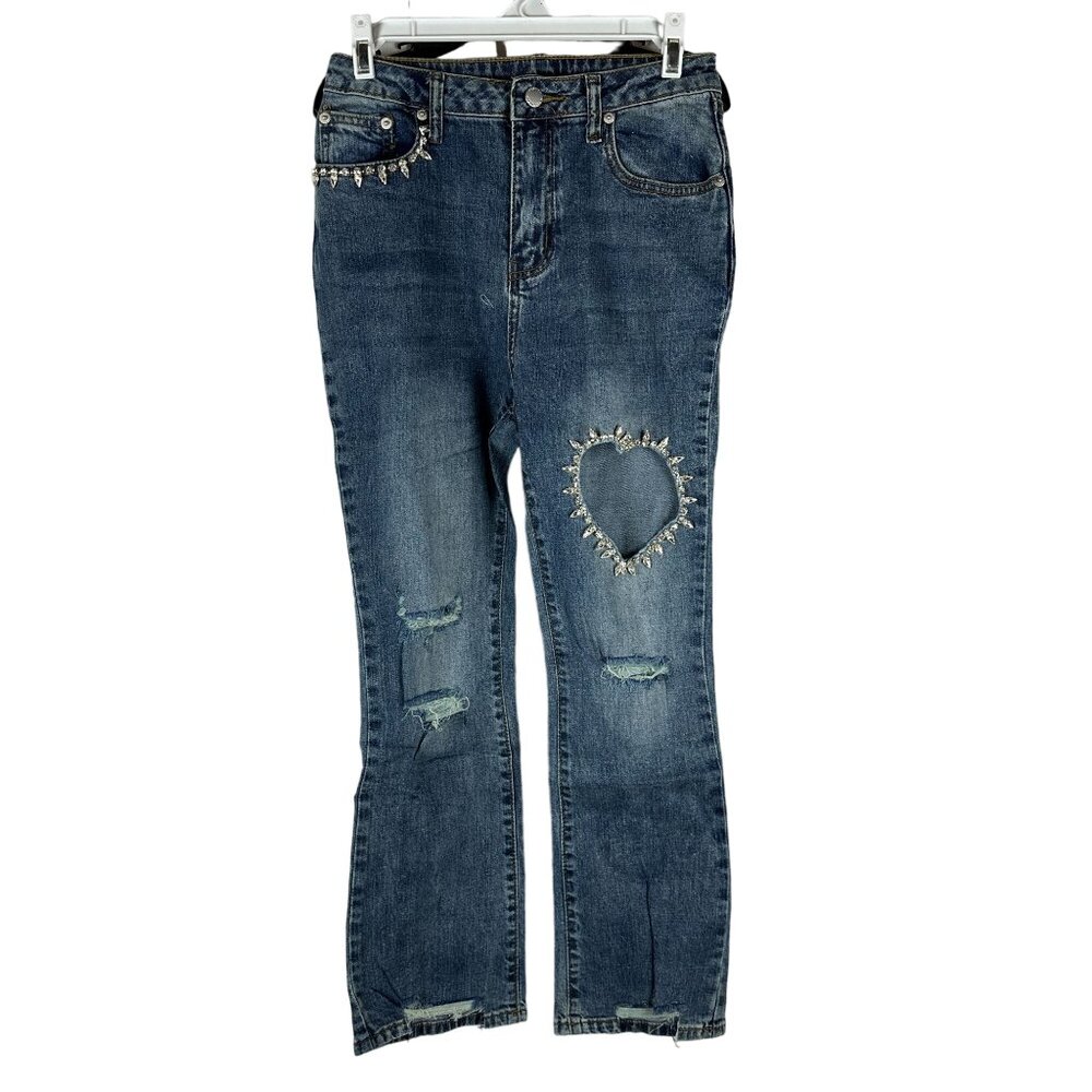 Blue B. Collection Womens Denim Jeans Rhinestone Heart Cutout & Distressed Small